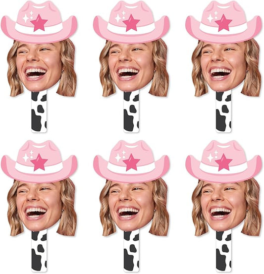 Big Dot of Happiness Custom Photo Last Rodeo - Pink Cowgirl Bachelorette Party Head Cut Out Photo Booth and Fan Props - Fun Face Cutout Paddles - Set of 6