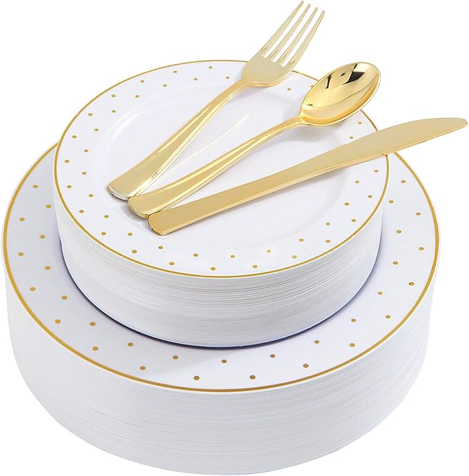 supernal 200pcs Gold Plastic Plates,Disposable Plates For Parties,Disposable Gold Plastic Silverware 40 Dinner Plates,40 Salald Plates,40 Knives,40 Forks,40 Spoons,Perfect for Birthday,Party,Wedding