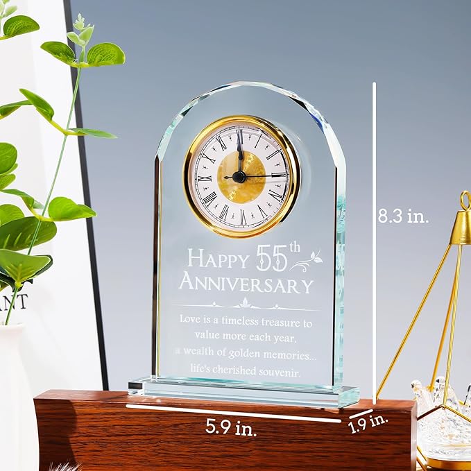 YWHL 55th Wedding Anniversary Quartz Clock Gifts for Couples, 55 Year Anniversary Glass Keepsake Gift for Parents Grandparents, Table Clock 55th Anniversary Party Decoration (Battery not Included)