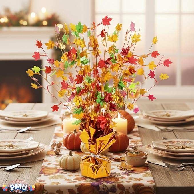 PMU 12Pc Thanksgiving Bursting Party Decoration for Autumn Harvest Seasonal Event, Fall Maple Leaves Table Centerpiece Metallic Foil Spray Centerpieces 15in Red,Gold,Green