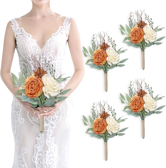 Bridesmaid Bouquets for Wedding - Set of 4 Artificial Flowers Small Bouquet for Fall Marriage Proposal Party Ceremony Anniversary Dining Table Centerpieces - Burnt Orange, 7 Inch