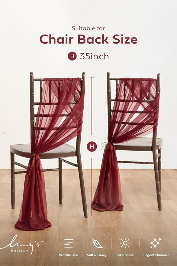 Ling's Moment Wedding Chiffon Chair Sashes Cover Aisle Decorations Draping Fabric Wrinkle-Free with Tie 16 Pcs Burgundy for Party Ceremony Reception Floral Arrangement Banquet Outdoor Decor