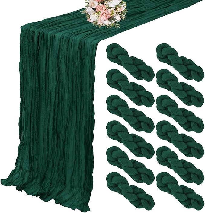 12 Pack Cheesecloth Table Runner 20 x 120 inch Cheese Cloth Table Runner Bulk,Romantic Boho Sheer Gauze Fabric Table Runners for Wedding Reception,Party,Bridal Shower Table Decor(Emerald Green)