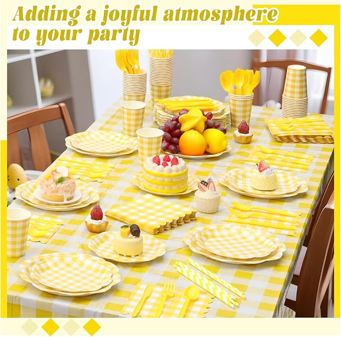 452 Pcs Yellow Gingham Party Supplies for 50, Yellow and White Gingham Checkered Paper Plates Napkins Cups Tablecloth Cutlery Straws for Birthday Family Picnic Barbecue Party Decoration