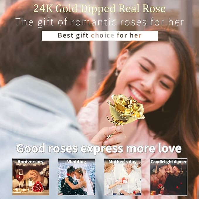 24K Golden Rose, Gold Dipped Rose Made from Real Rose Best Gifts for her and Great Gifts for My Wife, Golden with Stand