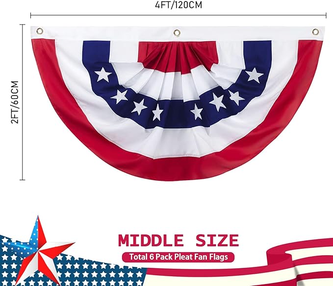 2 x 4 Ft American Pleated Fan Flag, USA Patriotic Half Fan Bunting Flag, Decoration Flags (red-6pcs)