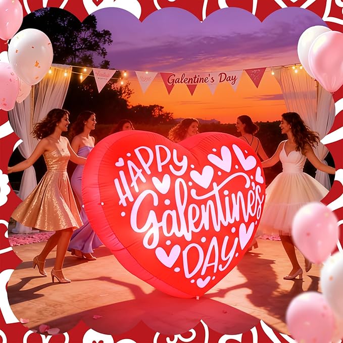VIHOSE Happy Galentines Day Inflatables Decorations 4.3 ft Pink Galentines Day Blow up Decor Heart LED Lights Inflatable Decor for Ladies Girls Friends Valentine Party Photo Props