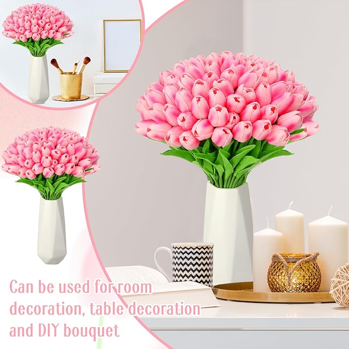 Jexine 100 Pcs Artificial Real Touch Tulips Fake Artificial Tulip Flower Bulk Bouquet with Stem for Table Centerpieces Wedding Bridal Easter Mother's Day Garden Home Decor, 13.4''(Purple Rose)