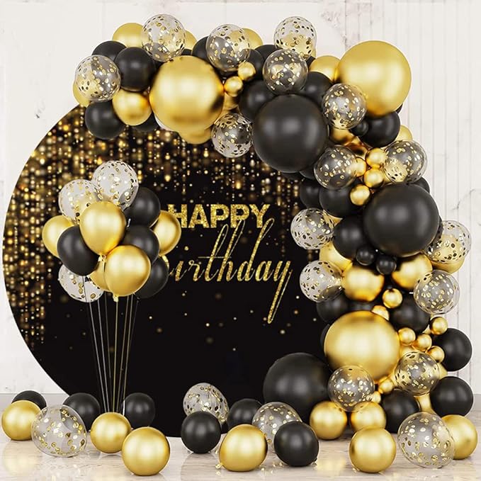 OERJU 7.5x7.5ft Happy Birthday Round Backdrop Cover Black and Gold Glitter Sequins Bokeh Arch Background Stand Cover Circle Backdrop for Photography Kids Adult Birthday Party Decor Photo Booth Props