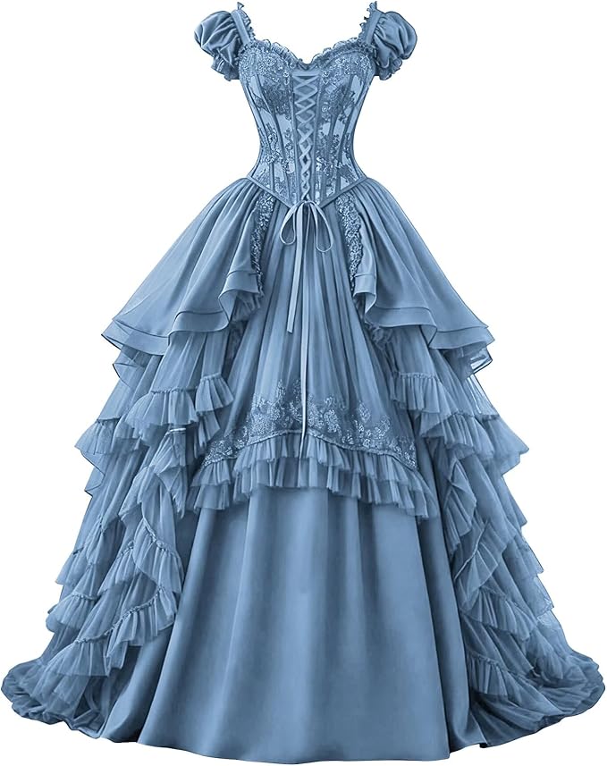 Ftupza Gothic Wedding Dresses Lace Appliques 1800s Victorian Dresses for Women Layered Tulle Prom Dress Long Ball Gown