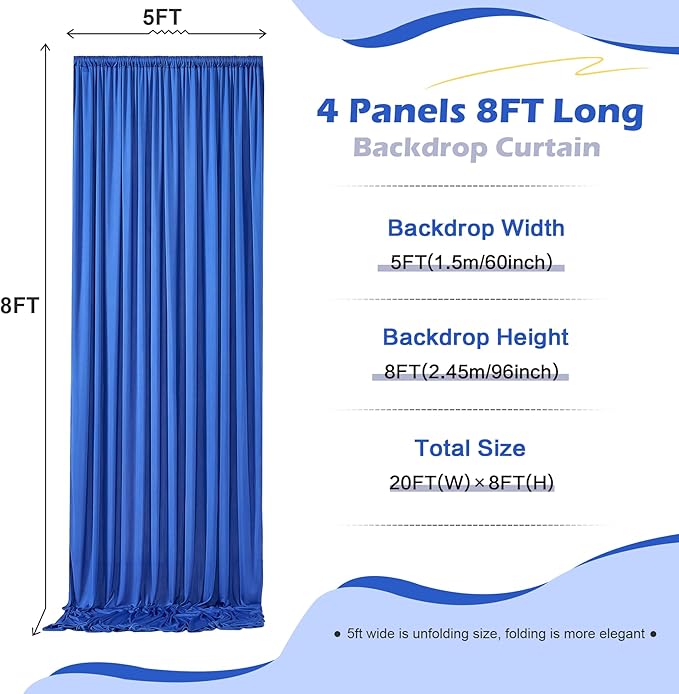 20ft x 8ft Wrinkle Free Royal Blue Backdrop Curtain for Parties, 4 Panels 5×8ft Silky Polyester Blue Photo Backdrop Drapes for Boss Baby Birthday Party Wedding Photography Background
