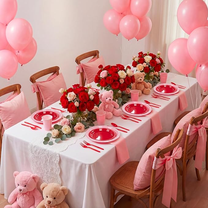MirthMood 350PCS Valentines Plastic Plates For Party, Valentines Disposable Plates Set, 50 Of Each Dinner Plate Set, Dessert Plate, Cups, Napkins & Cutlery Plastic Dinnerware for Valentine's Day