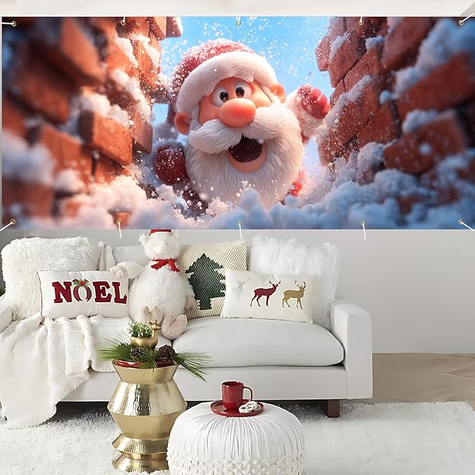 Santa Claus Christmas Garage Door Banner 7x16FT, Holiday Decoration for Garage Doors, Outdoor Xmas Scene with Santa and Snowfall, Large Garage Cover for Christmas