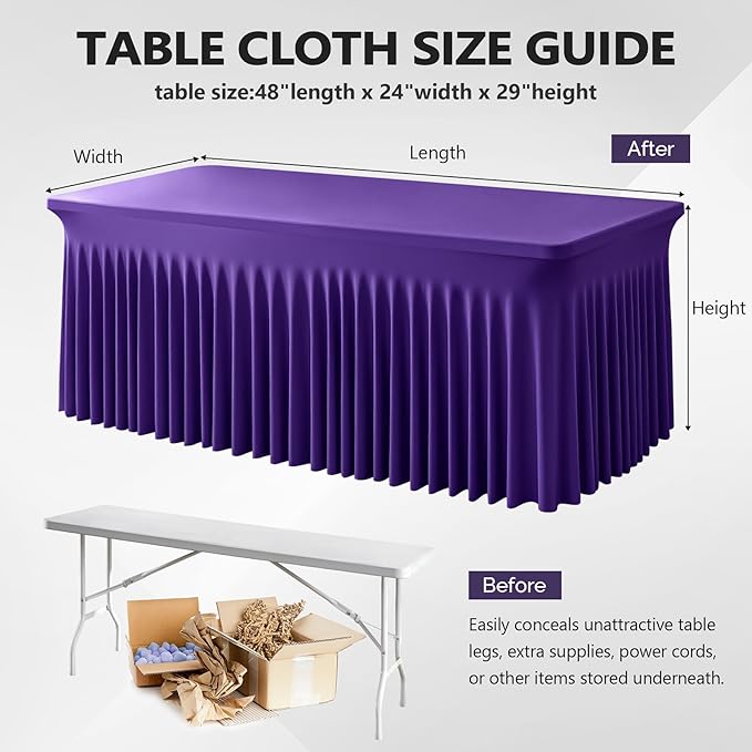 Wish Care 2 Pack Dark Purple Spandex Table Clothes for 4 Foot Rectangle Tables, 4FT Wrinkle Free Fitted Tablecloths Ruffles Design Table Cover for Party, Banquet, Wedding and Events