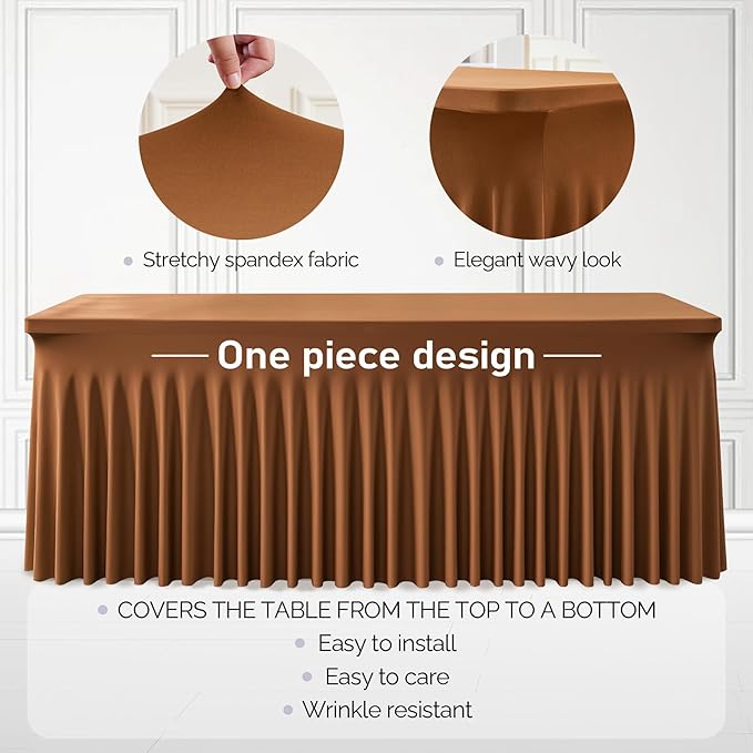 2 Packs Brown Table Clothes for 4 Foot Rectangle Tables, One-Piece Wrinkle Resistant Stretch Spandex Table Covers with Skirt for Event Banquet Wedding Birthday Party