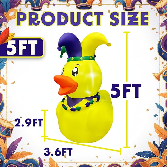 5FT Mardi Gras Duck Inflatable Yard Decorations, Mardi gras Decorations Outdoor with LED Lights, Carnival Duck Blow Up for Lawn and Garden