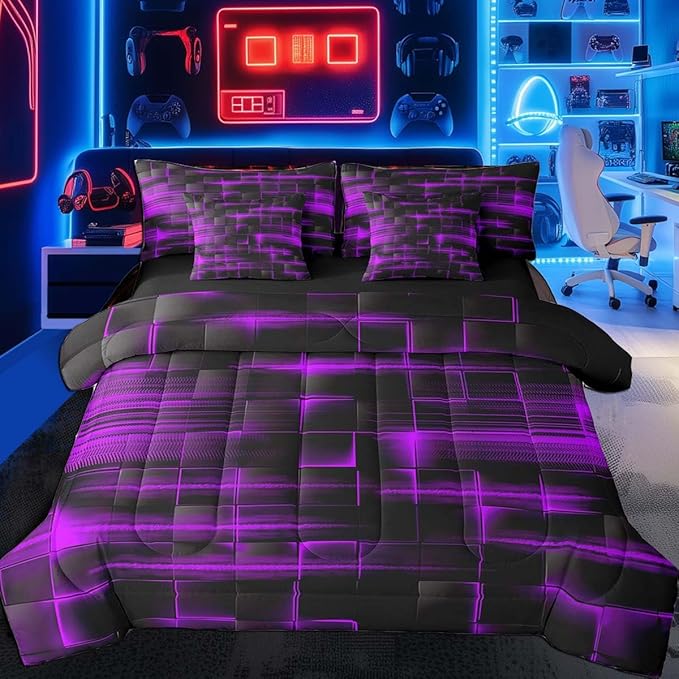Feelyou Purple Black Bedding Set Twin Size Boys Girls Geometric Strip Lines Comforter Set with Sheets 7 Piece for Bed in a Bag Abstract Modern Bed Set with Comforter,Sheets,Pillowcases