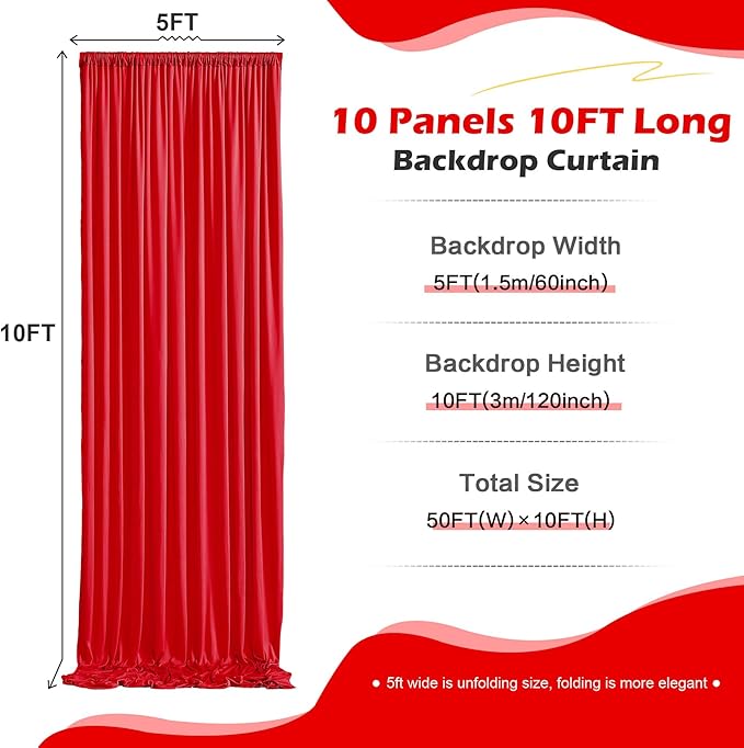 50ft×10ft Wrinkle Free Red Backdrop Curtains for Parties, 10 Panels 5×10ft Thick Silky Polyester Red Photo Backdrop Drapes Curtain for Themed Party Birthday Baby Shower Baptism Wedding Photography