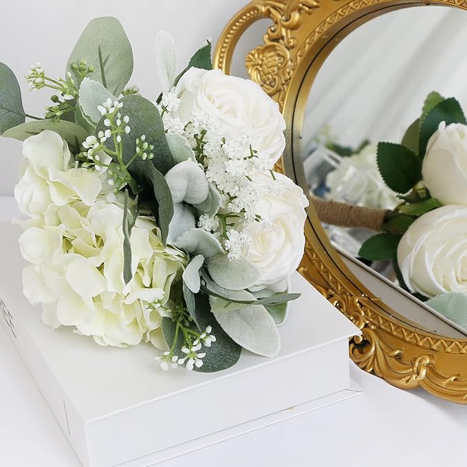 Bridesmaid Bouquets Set of 6 - Ivory White Artificial Flowers Bouquet for Bridesmaids Wedding Small Floral Centerpieces for Marriage Proposal Party Anniversary Dining Table Decor -7 Inch