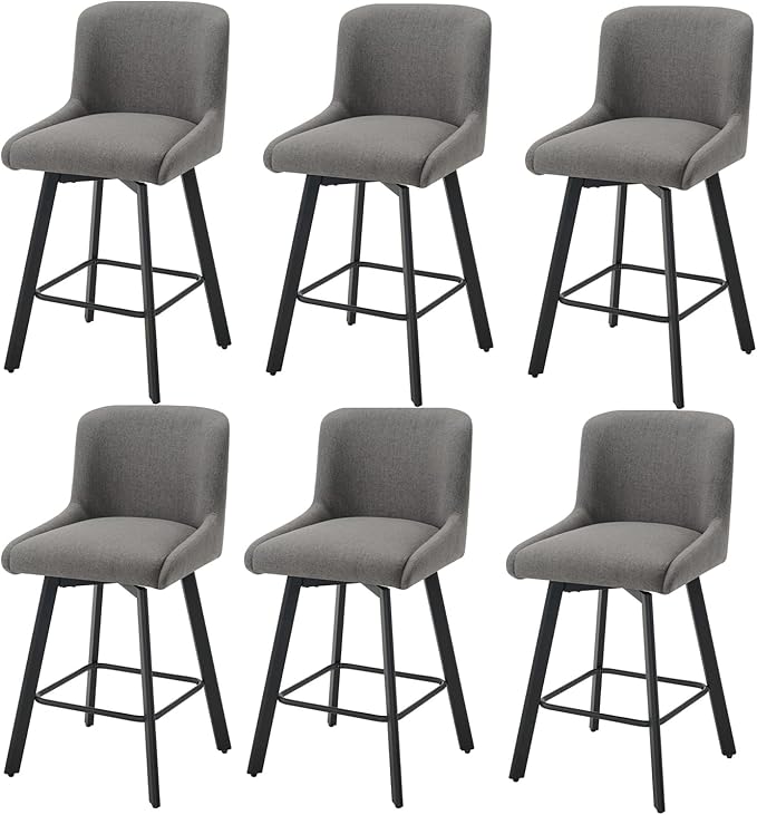 Swivel Bar Stools Set of 6, 26''H Upholstered Barstools with Backs, Modern Counter Height Bar Stool Chairs for Kitchen Island, Metal Legs, Fabric, Gray Counter Stools