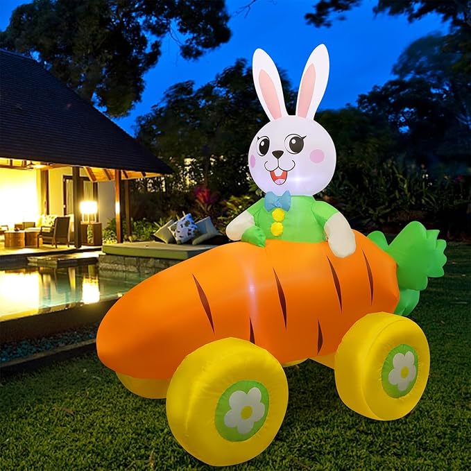 Juegoal Easter Bunny Radish Car Inflatables Yard Decorations, 5 x 4.5 FT Lighted Blow Cute Rabbit on Carrot Car with LED Lights, Indoor Outdoor Easter Holiday Party Decor, Light Up for Lawn Garden