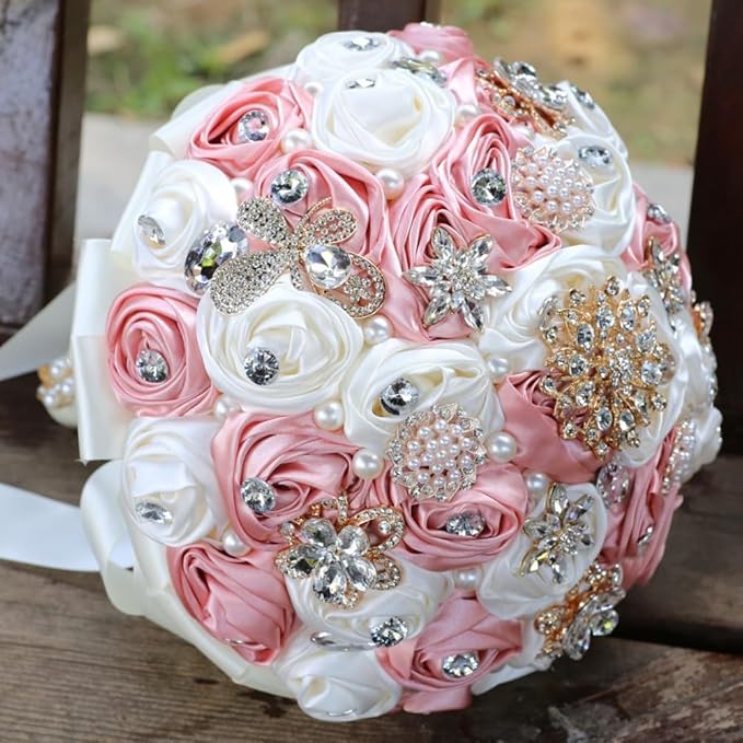 Ivory Blush Pink Bridal Wedding Bouquet Handmade with Luxury Gold Brooch Rhinestone Pearl for Bride Bridesmaid Quinceanera Satin Rose Flower Bouquet Wedding Blush Pink and Ivory 8.7in