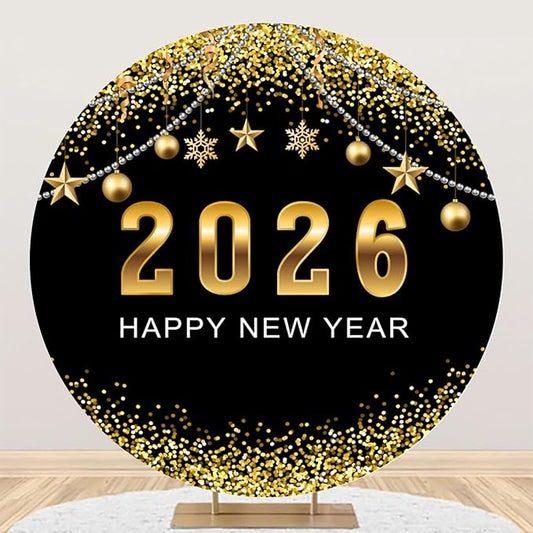 YongFoto 2026 Happy New Year Round Backdrop Cover 6ft Black Gold Photography Background Merry Christmas Xmas Eve New Year's Night Festival Carnival Family Celebration Party Banquet Decor Banner