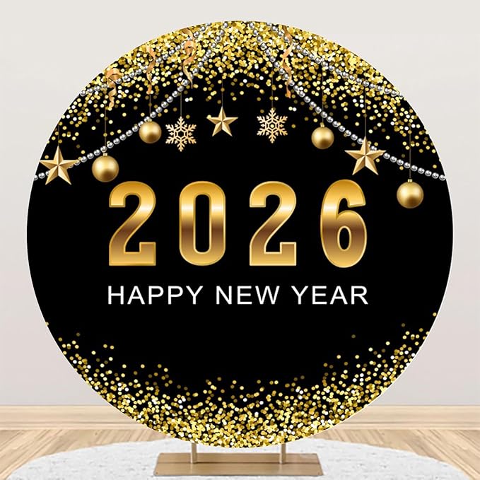 YongFoto 2026 Happy New Year Round Backdrop Cover 5ft Black Gold Photography Background Merry Christmas Xmas Eve New Year's Night Festival Carnival Family Celebration Party Banquet Decor Banner
