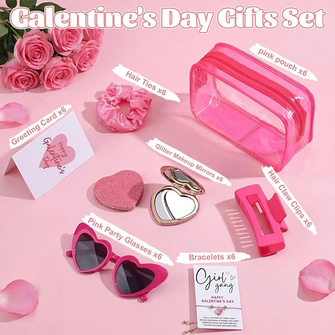 Zeyune 42 Pcs Galentine's Day Gifts Set Valentine's Pink Gift 6 Sets Include PVC Makeup Bags Glasses Mirror Hair Claw Clips Scrunchies Bracelets Greeting Cards for Women Friends Party Favors