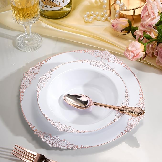 100 Pack White Plastic Bowls with Rose Gold Relief Rim, 12oz Plastic Salad Bowl, Disposable Bowls for Party, Dinners, Weddings, Christmas, Thanksgiving, Valentine's Day