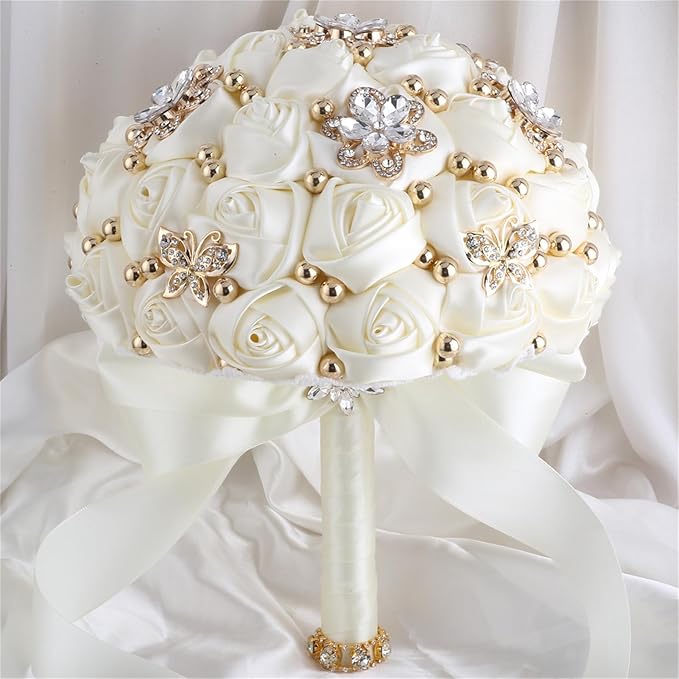 Bridal Wedding Bouquet for Bride Bridesmaid Wedding Quinceanera Throw Toss Artificial Rose Flower Bunch with Bling Brooch (66#Ivory, Medium (Dia. 8.7"/22cm))
