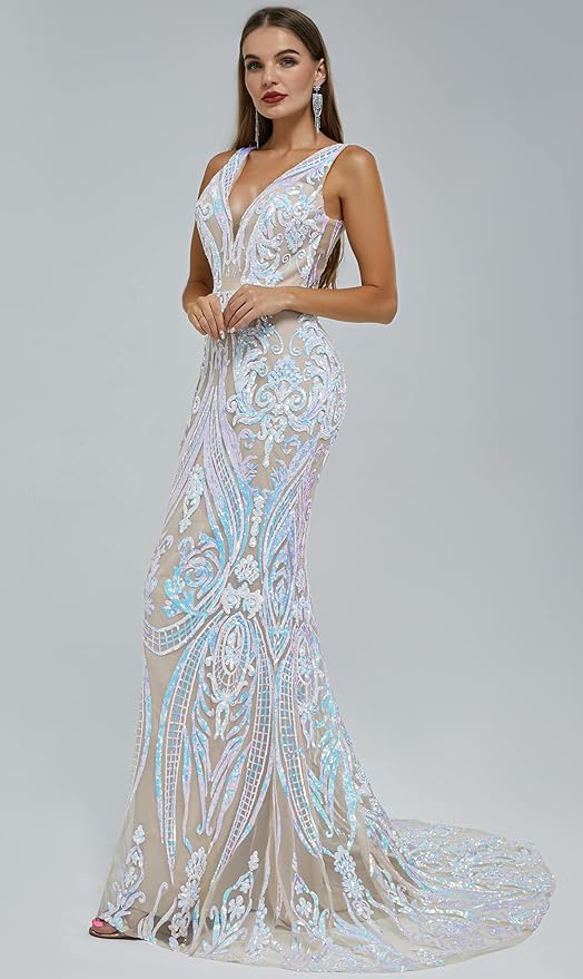 Women's Double V-Neck Sequins Lace-up Mermaid Evening Dress