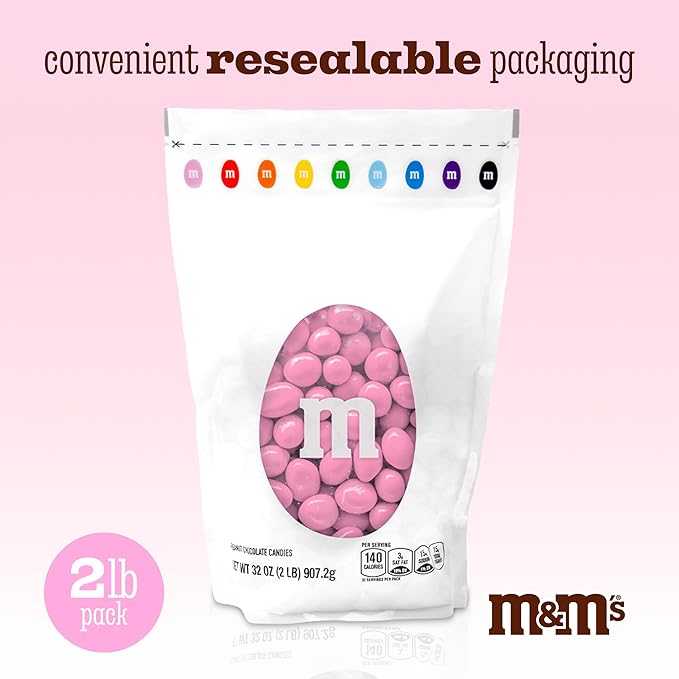 M&M’S WORLD Peanut Pink Chocolate Candy - 2lbs of Bulk Candy in Resealable Pack for Candy Buffet,Birthday Parties,Theme Meetings,Candy Bar,Sweet Stuff for DIY Party Favors or Edible Decoration