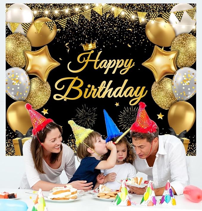 Chloroplastid 10x8ft Happy Birthday Backdrop Banner for Men Women Boys Girls Black and Gold Balloons Birthday Backdrop for Kids Children Birthday Party Background Decorations