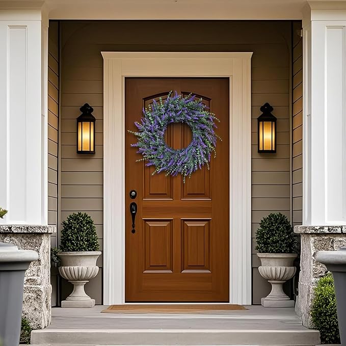 26'' Large Eucalyptus and Lavender Wreath for Front Door, Porch, Window- Artificial Eucalyptus Leaves with Lavender Wreath for Home, Farmhouse Wall Decor- Spring, Summer, Fall, All Seasons (Purple)