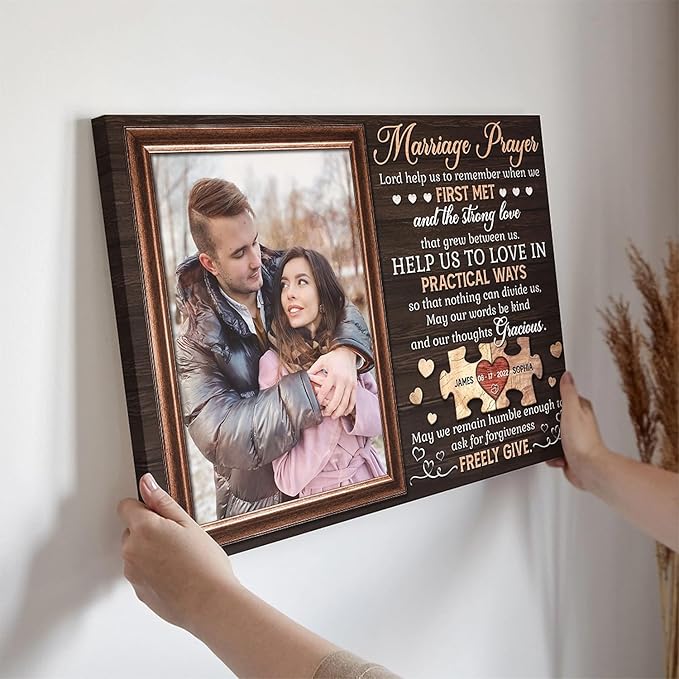 Dem Canvas Personalized Marriage Prayer Canvas Wall Art – Custom Wedding Photo Gift for Couples, Christian Home Decor with Names & Date – Anniversary, Engagement, or Bridal Shower Gift