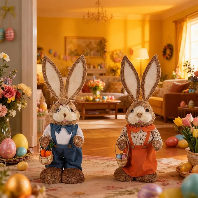 Juegoal Easter Straw Bunny Decorations, 32"(2.6FT) Extra Large Standing Mr. Bunny Figurine, Handmade Easter Rabbit Statues, Cute Photo Props Gifts for Office Kitchen Farmhouse Spring Home
