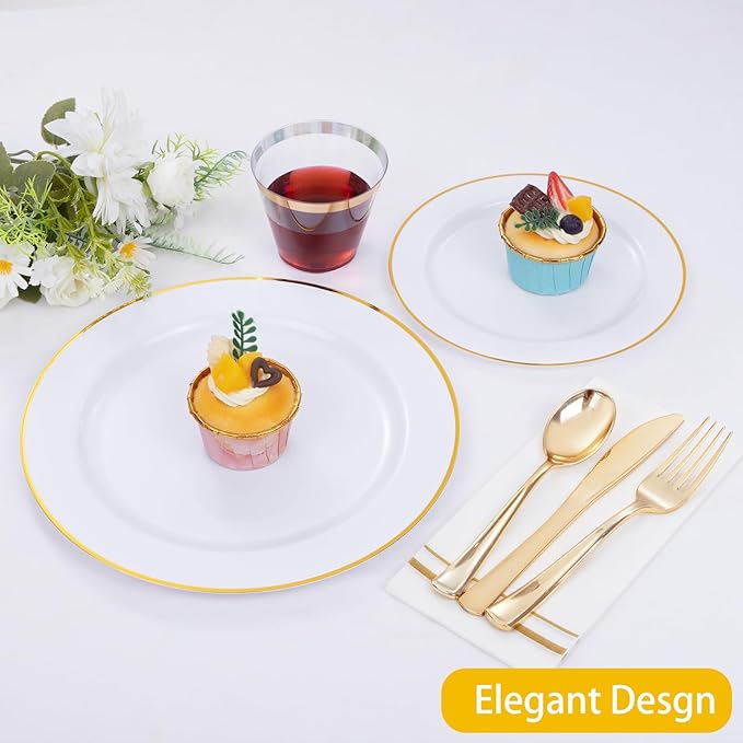 SUT 175 PCS Plastic Plates, 175 Pieces Disposable Heavy Duty for 25 Guests, White Gold Geometric Pattern Dinner Plates with Napkins and Cups, BPA Free
