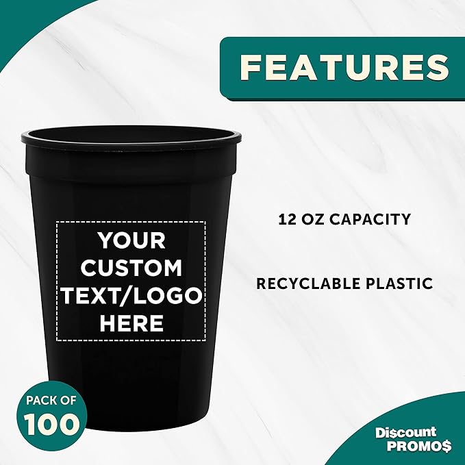 Custom Disposable Plastic Cups 12 oz. Set of 100, Personalized Bulk Pack - Perfect for Summer, Sporting Events, Birthdays, Weddings, Picnic, Beach, Parties - Black