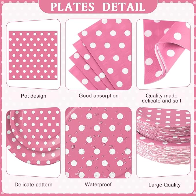 452 Pcs Pink Polka Dot Party Supplies for 50, Pink and White Polka Dot Paper Plates Napkins Cups Tablecloth Cutlery Straws for Mouse Birthday Carnival Family Picnic Barbecue Party Decoration