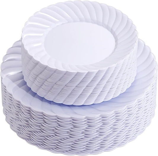 U-QE 100 Pieces White Plastic Plates - Premium White Disposable Plates for Wedding and Party Use Including 50PCS 9 '' Dinner Plate & 50PCS 6.5 '' Dessert Plate