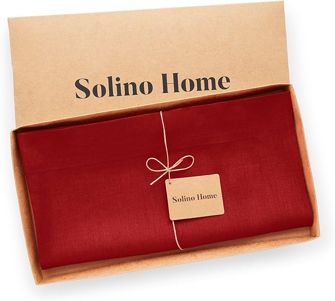 Solino Home Linen Red Square Tablecloth 52 x 52 Inch - 100% Pure Linen Table Throw - Fete, Machine Washable Table Cloth for Valentines, Winter