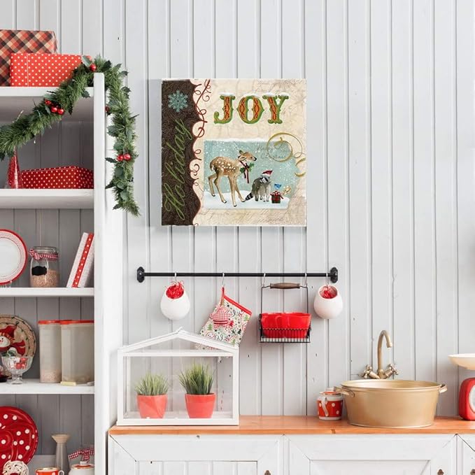 Renditions Gallery Holiday Joy Wall Art, Cute Winter Decor, Festive Fawn Deer, Raccoon, & Bluebird with Present, Premium Gallery Wrapped Canvas, Ready to Hang, 16 in H x 16 in W, Made in America