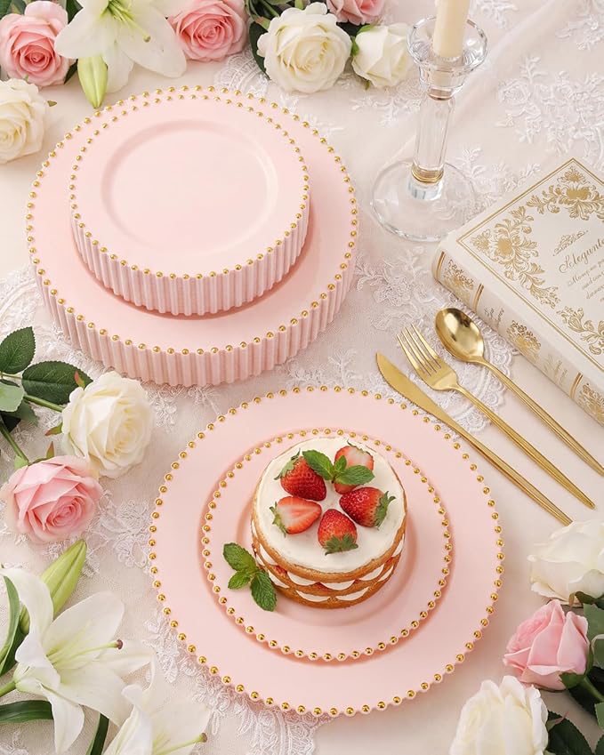 180pcs Pink Plastic Plates with Gold Beads,Elegant Heavy Duty Disposable Plates,Pink and Gold Dinnerware Set Include 10.25" Dinner Plate and 7.5" Dessert Plate with Plastic Silverware and Cups Party