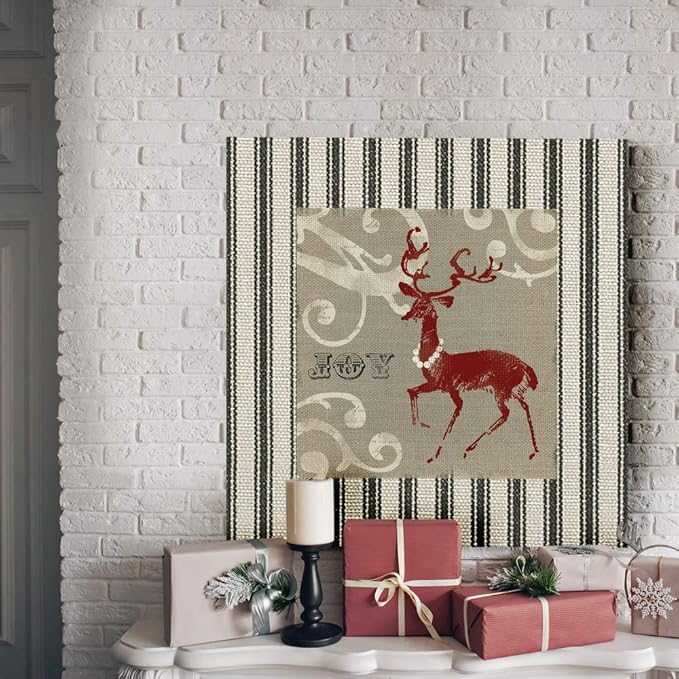 Renditions Gallery Joy Reindeer Wall Art, Cute Christmas & Winter Decor, White & Red with Striped Fabric Look, Premium Gallery Wrapped Canvas, Ready to Hang, 32 in H x 32 in W, Made in America
