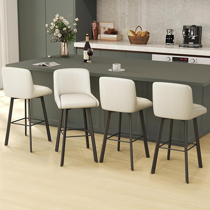 Swivel Bar Stools, 29''H Upholstered Barstools with Backs, Modern Counter Height Bar Stool Chairs for Kitchen Island, Metal Legs (Beige- Faux Leather, Set of 4-29" H)