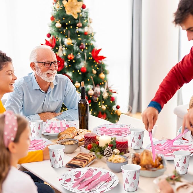Pickmesh 400 Pcs Pink Winter Party Supplies Silver Xmas Tree Snowflake Disposable Paper Plates Napkins Cups Cutlery for Winter Xmas Christmas Birthday Party Table Decorations Serve 50
