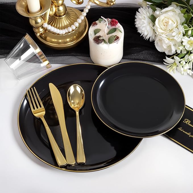 NOCCUR 350PCS Black and Gold Plastic Plates - Black Disposable Dinnerware Set for 50 Guests, 100 Dinner/Dessert Plates, 150 Gold Silverware, 50 Cups&50 Napkins for Party/Birthday/New Year