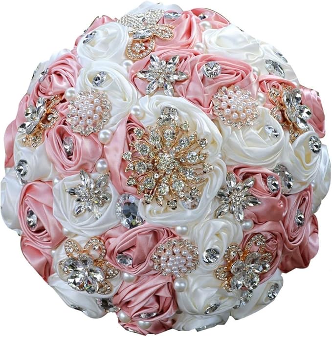 Ivory Blush Pink Bridal Wedding Bouquet Handmade with Luxury Gold Brooch Rhinestone Pearl for Bride Bridesmaid Quinceanera Satin Rose Flower Bouquet Wedding Blush Pink and Ivory 8.7in