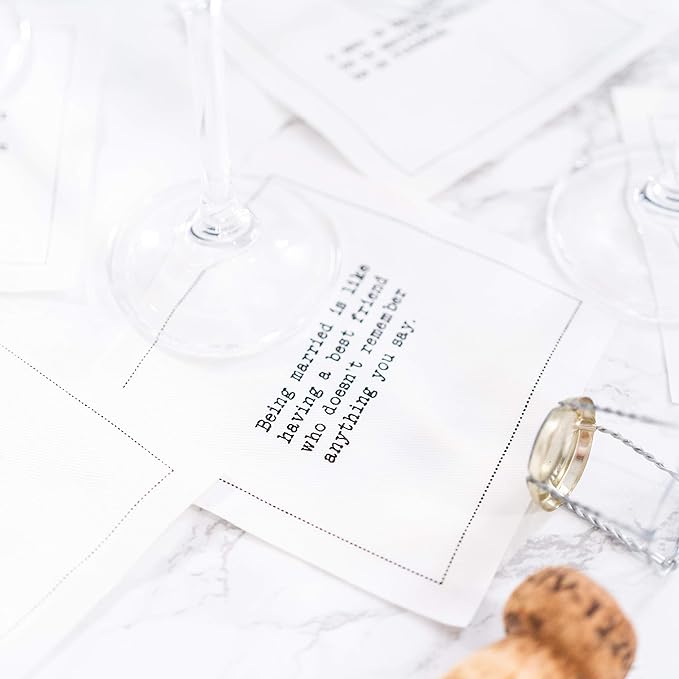 Five Star Funny Marriage Quotes | White Cotton Cocktail Napkins | 50 Luxury Disposable Beverage Napkins with Witty Bar Quotes | Drink Napkins for Parties, Bars, Weddings & Game Nights